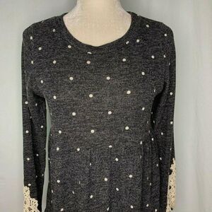 Emberley Sweater Dress M Heathered Black Polka Dot Crochet Lace Sleeves Tiered
